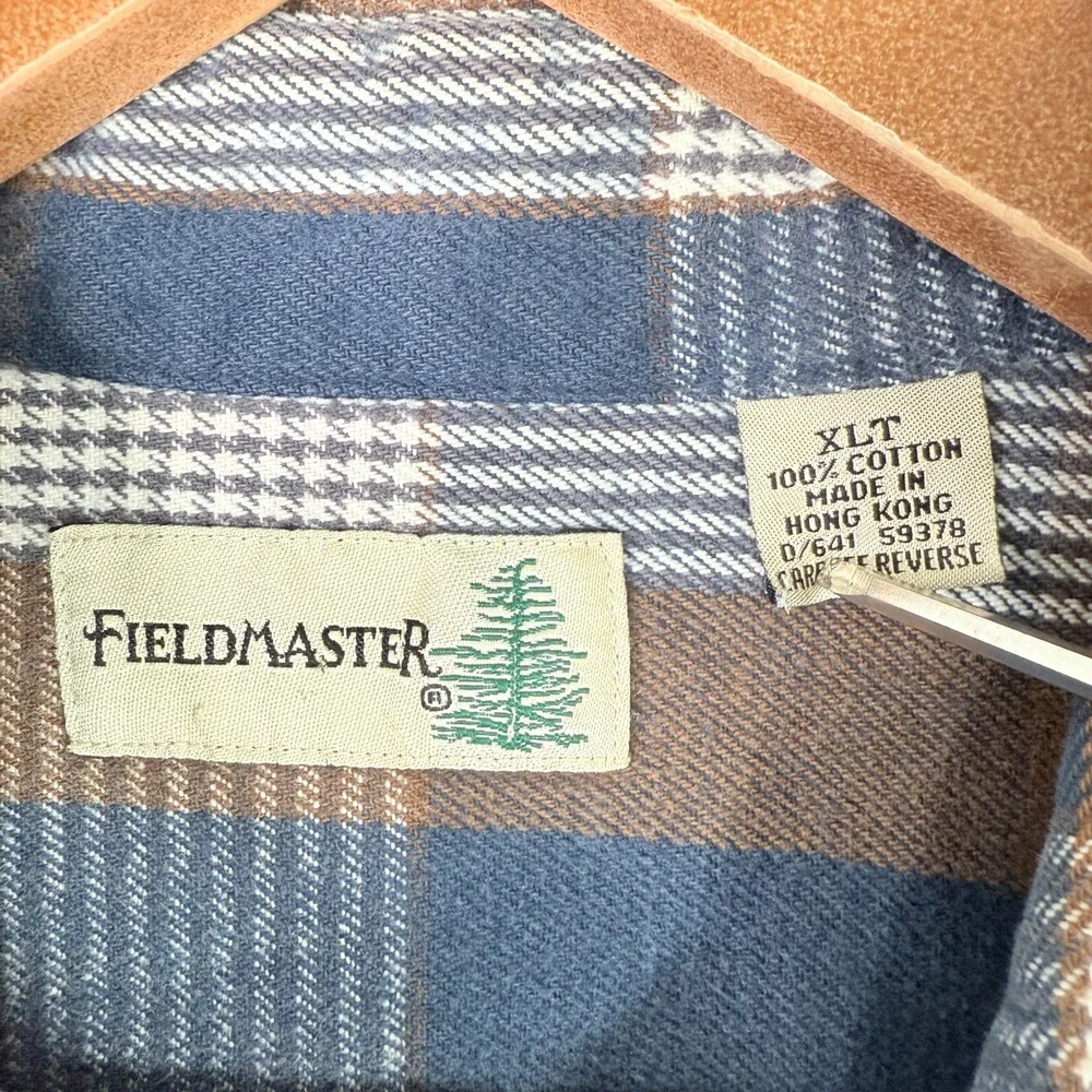 Vintage Fieldmaster Shirt Mens XLT Blue Brown Plaid Cotton Flannel Outdoor - Picture 3 of 11